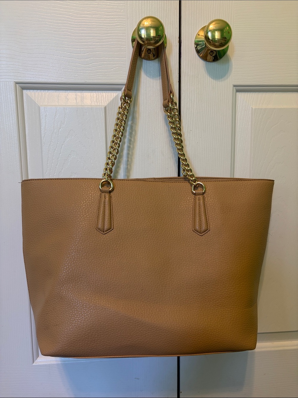 Classic Tan Tote Bag with Gold Chain Handles